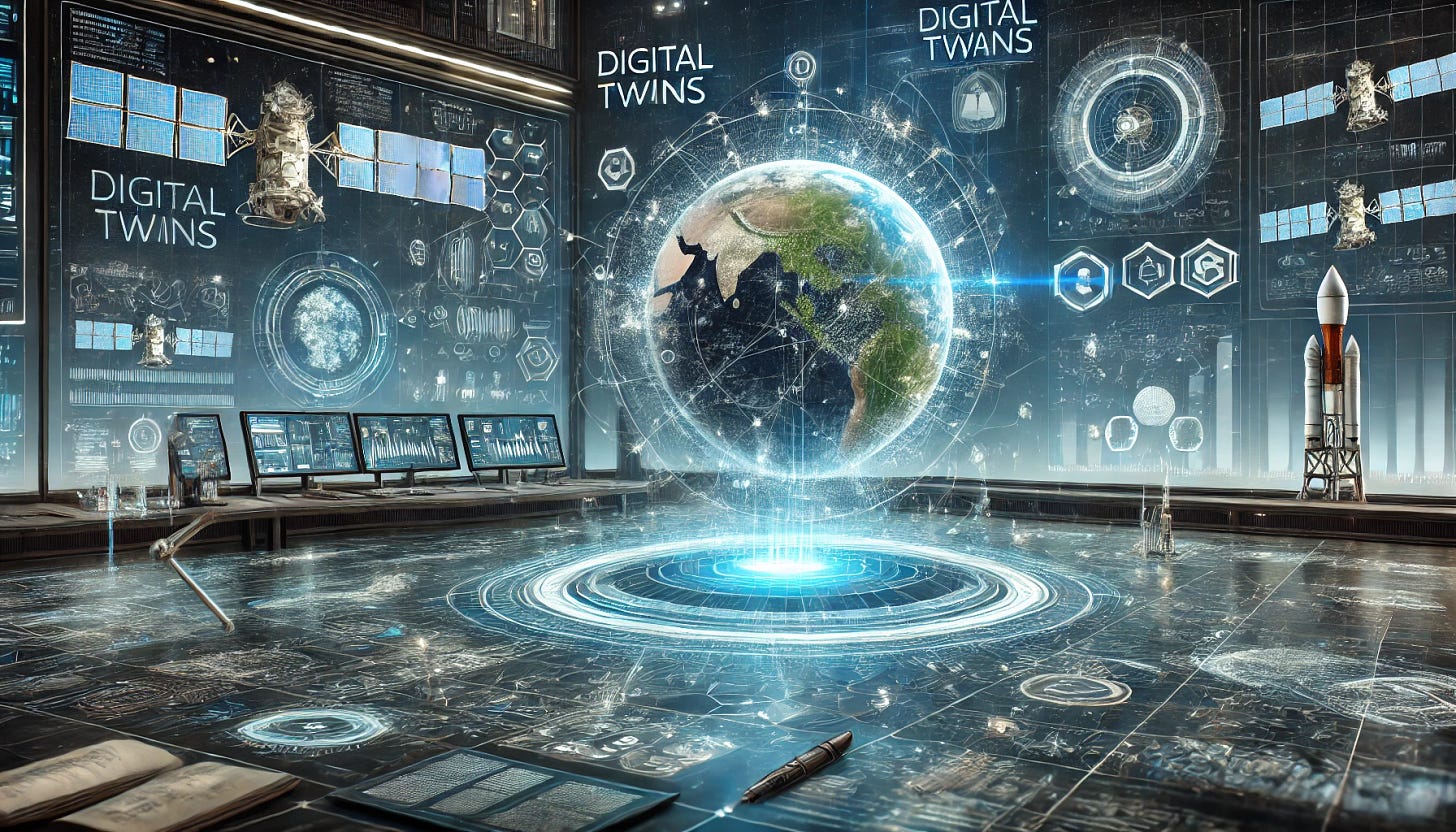 A futuristic horizontal image illustrating the concept of digital twins in space technology, with holographic interfaces, satellite systems, and regulatory approval symbols. The background features a high-tech control room with Earth and space elements, symbolizing the integration of AI and digital simulations in aerospace advancements.