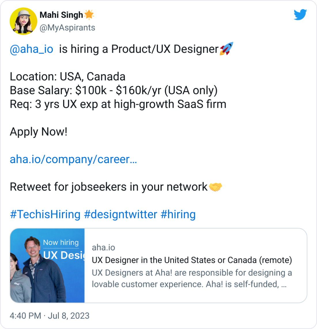  Mahi Singh🌟 @MyAspirants @aha_io   is hiring a Product/UX Designer🚀  Location: USA, Canada  Base Salary: $100k - $160k/yr (USA only)  Req: 3 yrs UX exp at high-growth SaaS firm   Apply Now!   https://aha.io/company/careers/current-openings/ux-designer-remote  Retweet for jobseekers in your network🤝  #TechisHiring #designtwitter #hiring