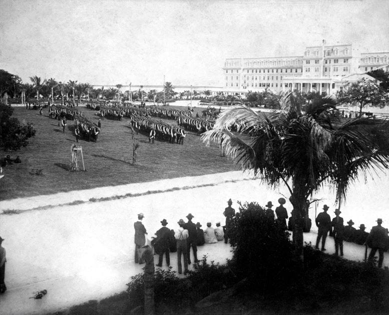 Soldiers marching at the Royal Palm Park in 1898 during training for the Spanish American War.