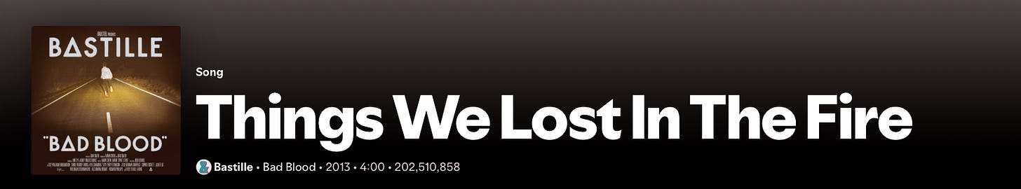 A screenshot with Bastille's album cover "BAD BLOOD" and the song title "Things We Lost in the Fire"