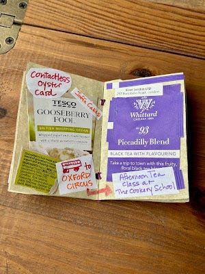 A yogurt wrapper from "Gooseberry Fool," a tea wrapper, and a drawing of the bus to Oxford Circus. A yogurt wrapper from "Gooseberry Fool," a tea wrapper, and a drawing of the bus to Oxford Circus.