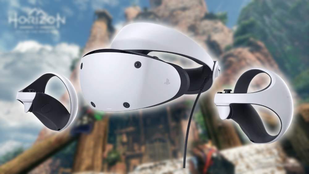 PSVR 2 headset and controllers with Horizon Call of the Mountain in the background PSVR 2 headset and controllers with Horizon Call of the Mountain in the background