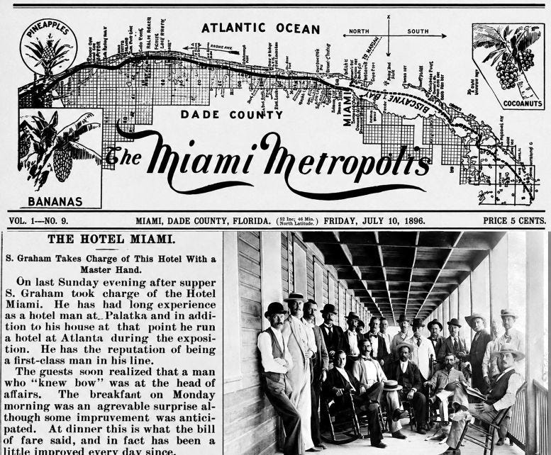 Composite of the Miami Metropolis on Friday, July 10, 1896, and a photo of men sitting on the front porch of Hotel Miami in 1896. Courtesy of Florida State Archives.