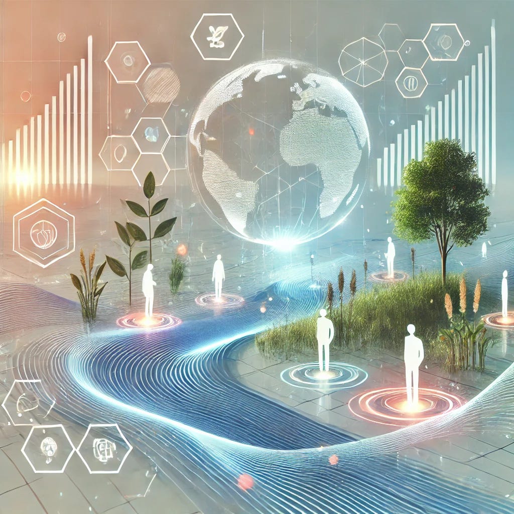 Futurustic utopic eco-landscape depicting a globe shaped by AI and data-driven solutions