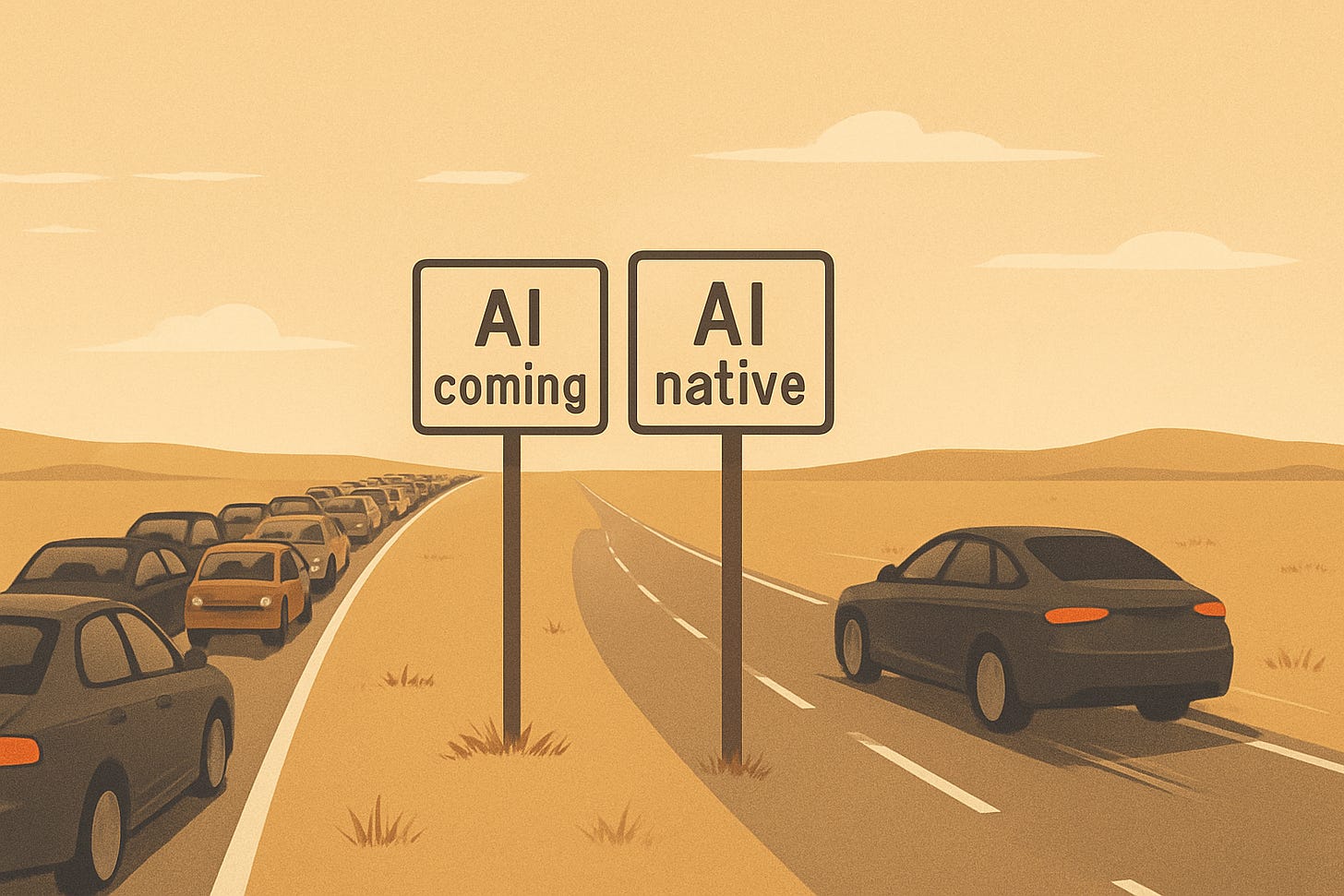 I want this to be two cars on the road. One is in a queue, R which is waiting for AI to be accepted, and the other one is just empty road, driving straight through, fast. And the signpost says AI native.