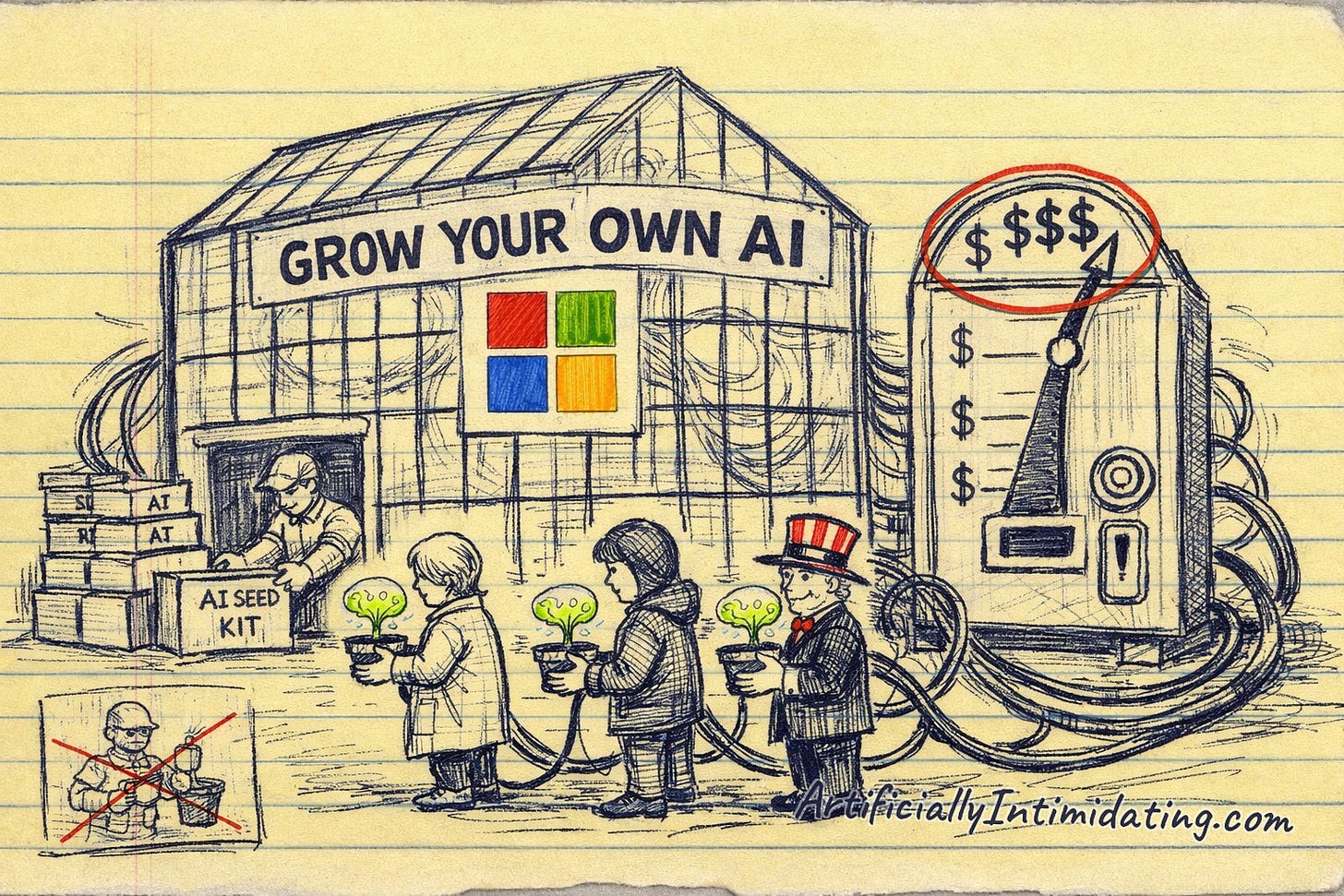A Microsoft-branded greenhouse sells grow-your-own-AI seed kits to tiny shopkeepers as a price meter climbs