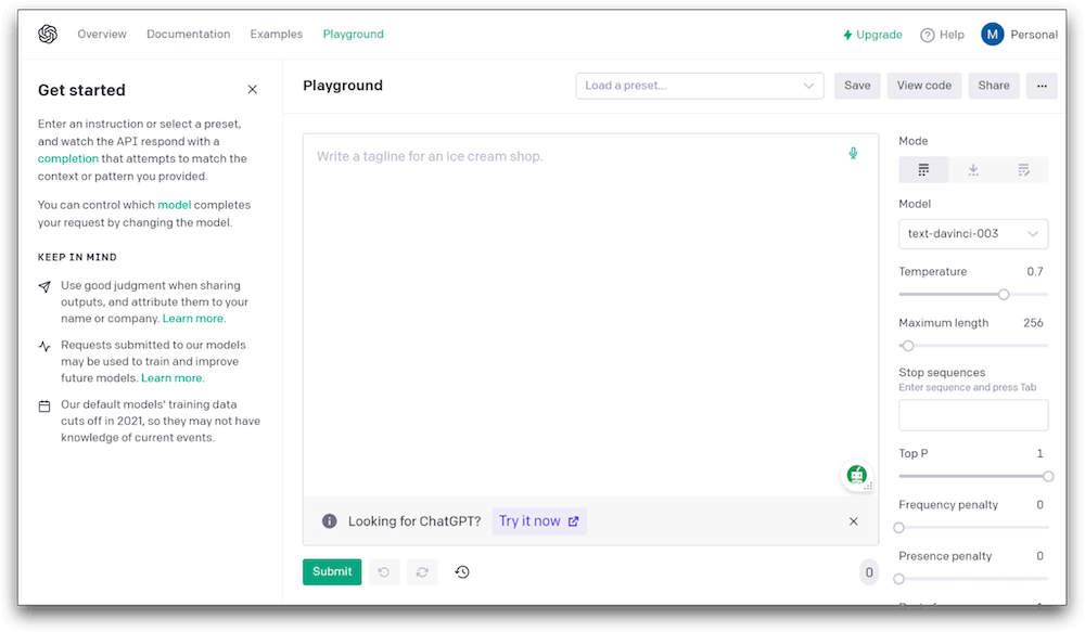 openai playground interface