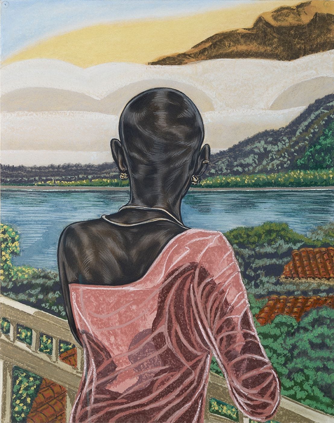 A Toyin Ojih Odutola artwork of a bald Black woman seen from behind, wearing a pink draped garment and gold earrings, gazing over a balcony at a tranquil landscape of water and green hills Toyin Ojih Odutola – Collezione Giuseppe Iannaccone A Toyin Ojih Odutola artwork of a bald Black woman seen from behind, wearing a pink draped garment and gold earrings, gazing over a balcony at a tranquil landscape of water and green hills Toyin Ojih Odutola – Collezione Giuseppe Iannaccone