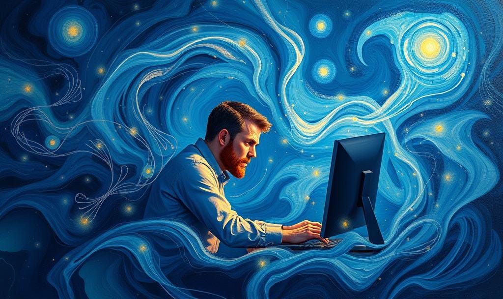 Create a painterly digital artwork in the style of 19th-century Romanticism or Impressionism, depicting an experienced software developer at their workstation surrounded by swirling, abstract forms representing AI—flowing code, glowing neural networks, and ethereal digital assistants; use expressive brushstrokes and a cool palette of blues and purples with warm highlights on the developer to convey contemplation and subtle frustration about AI’s paradoxical slowdown of productivity, while integrating stylized code snippets and open-source symbols to blend timeless human insight with futuristic technology, evoking artists like J.M.W. Turner or Claude Monet with a balance of realism and abstraction.