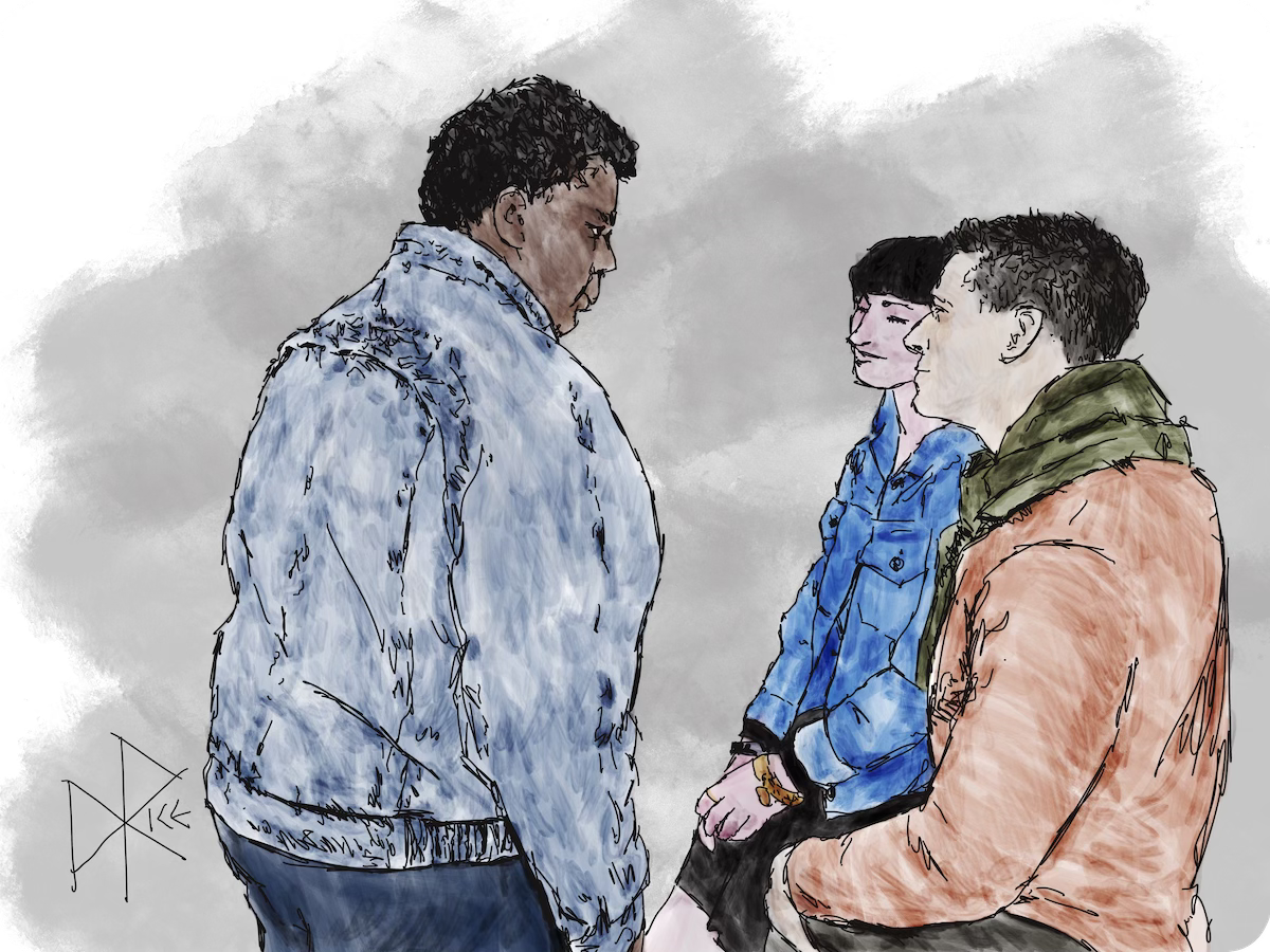 Three casual young adults having an attentive, loving, chummy, face-to-face conversation. Sketch art by Don Rice.