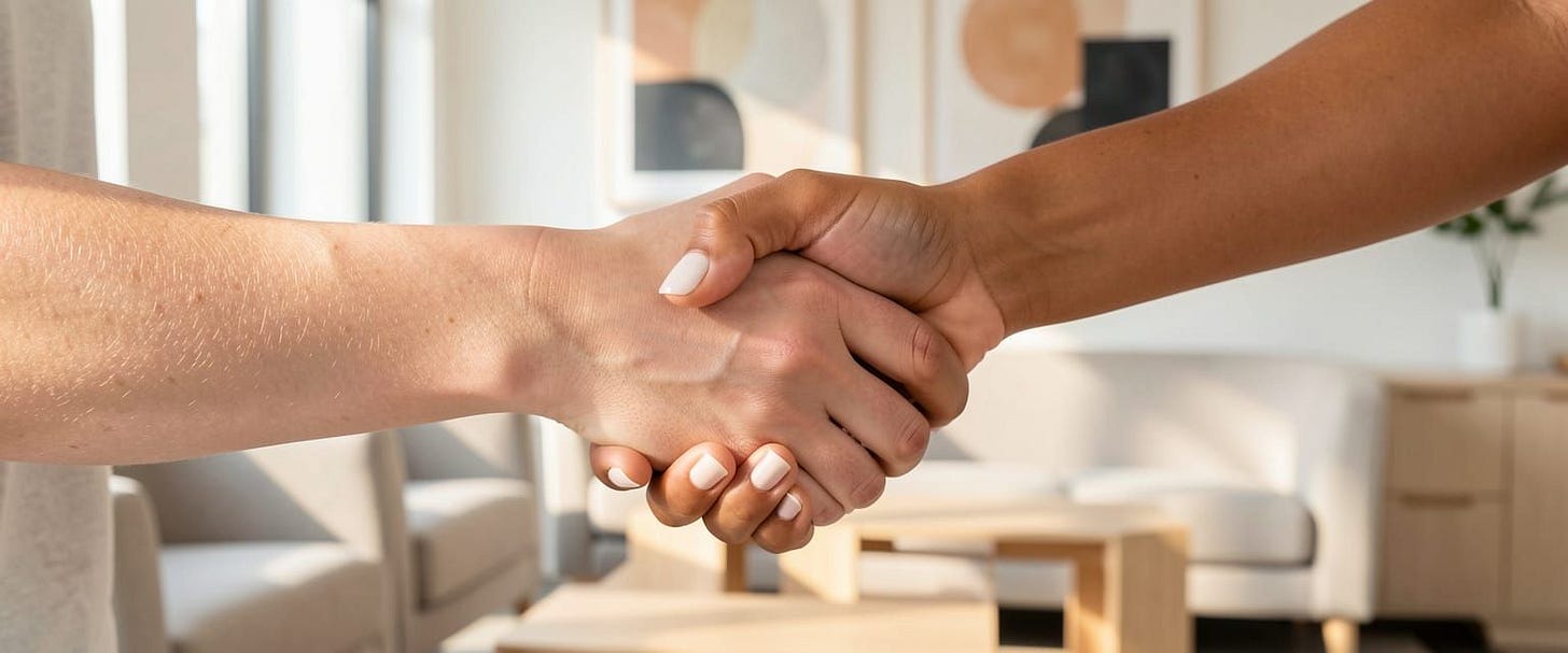 Close-up on a warm handshake between two women in a modern office waiting room.