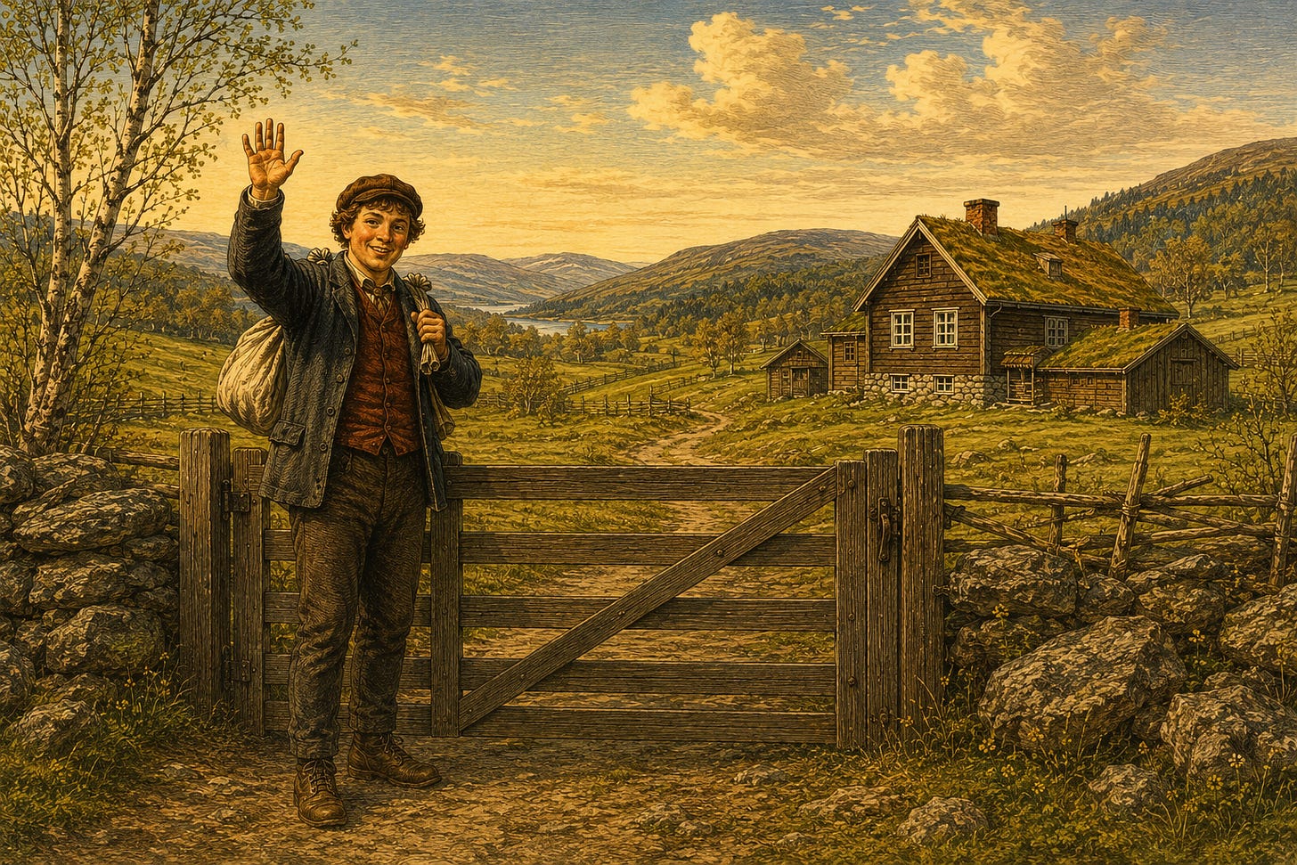 Illustration of a Norwegian farmhand waving goodbye. | Sagahuus Press — created with ChatGPT under the author’s story direction and editing. All rights reserved where applicable. Illustration of a Norwegian farmhand waving goodbye. | Sagahuus Press — created with ChatGPT under the author’s story direction and editing. All rights reserved where applicable.