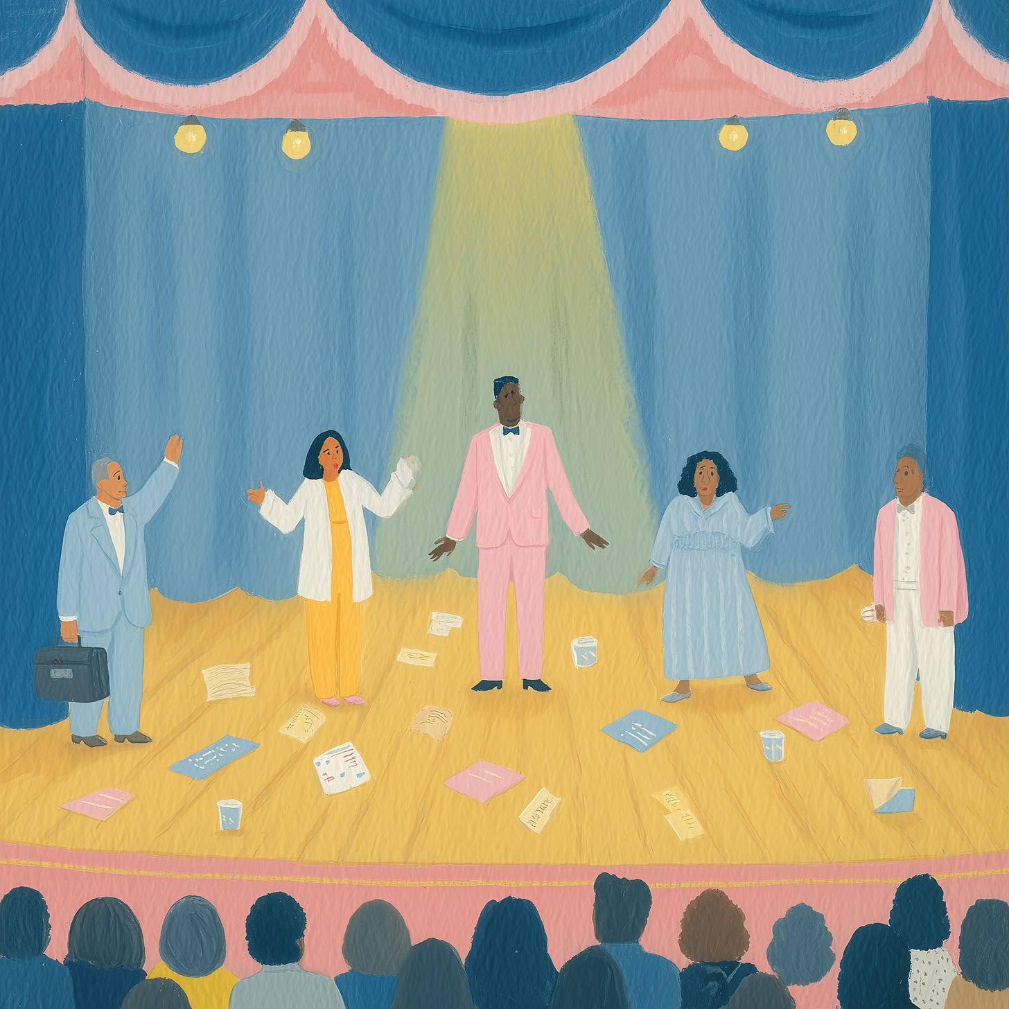 A colorful folk art style painting depicting a performance on a theater stage. Five performers stand on a wooden stage under pink and white striped circus-style tent canopies with yellow light bulbs. The central figure wears a bright pink suit and is illuminated by a yellow spotlight, with arms outstretched in a welcoming gesture. To their left, a person in a white coat over yellow clothing gestures with raised arms, and a man in a light blue suit holds a briefcase. To the right, a woman in a light blue dress extends her arms, and a person in white with a pink jacket stands at the far right. Scattered papers and small objects litter the yellow stage floor. An audience of silhouetted figures with various hairstyles sits in the foreground, watching the performance. The overall style is reminiscent of American folk art with bold, flat colors and simplified forms.