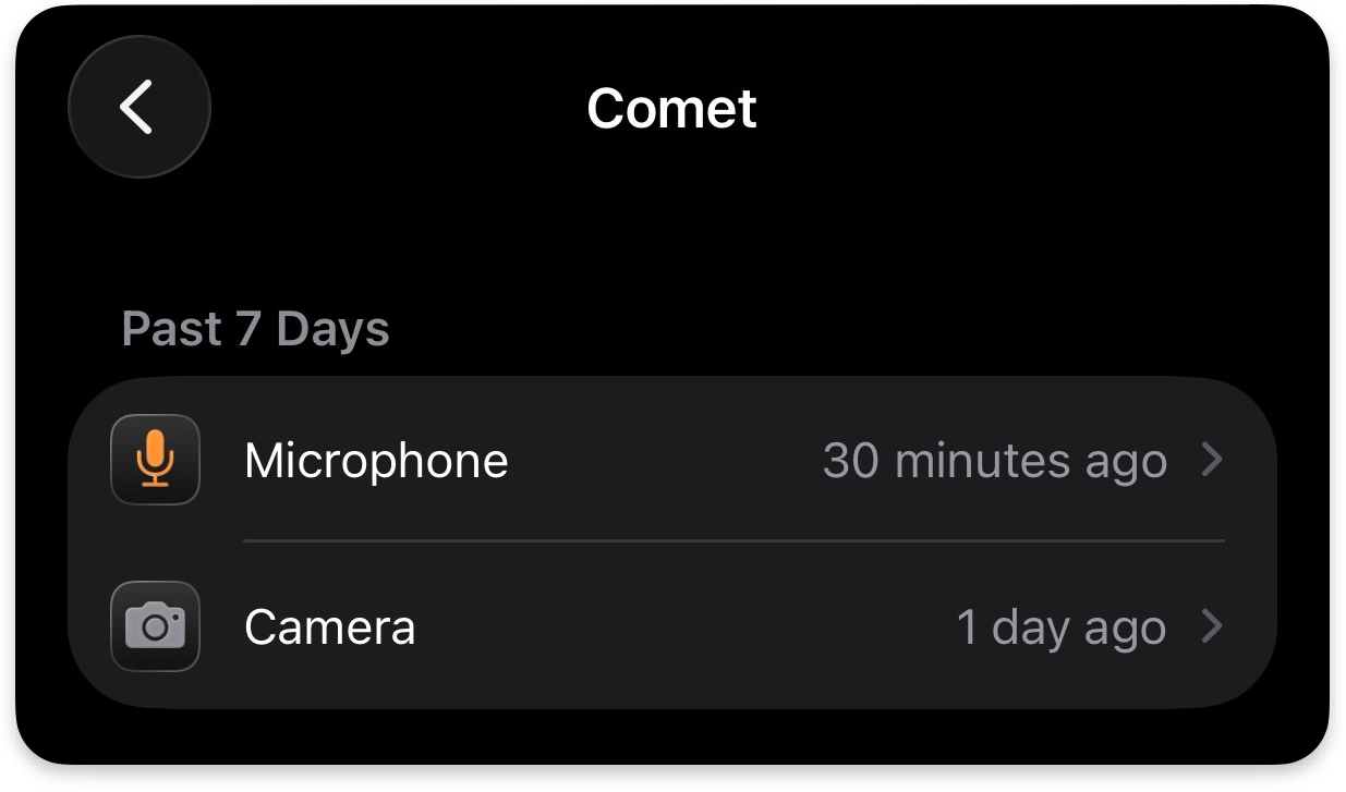 iPhone app permissions screen for Perplexity Comet showing recent access to microphone and camera within the past 7 days