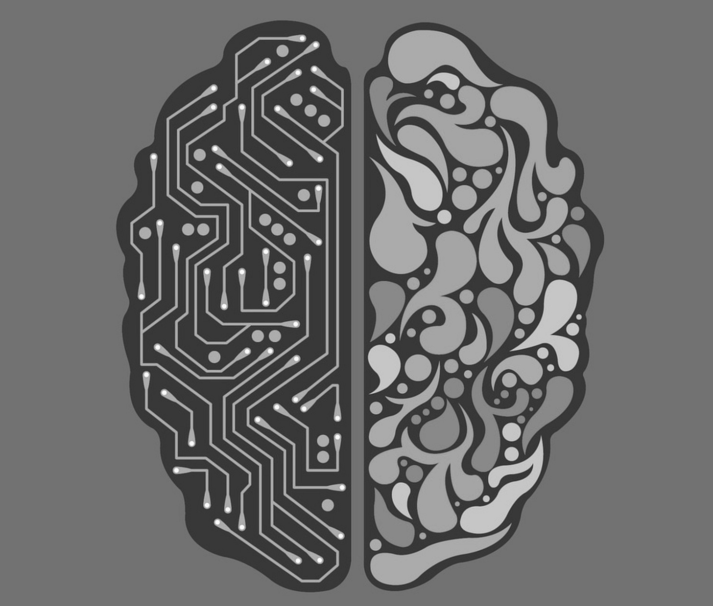Greyscale image of a brain. One hemisphere is swirls and one hemosphere is lines and nodes like electrical circuits