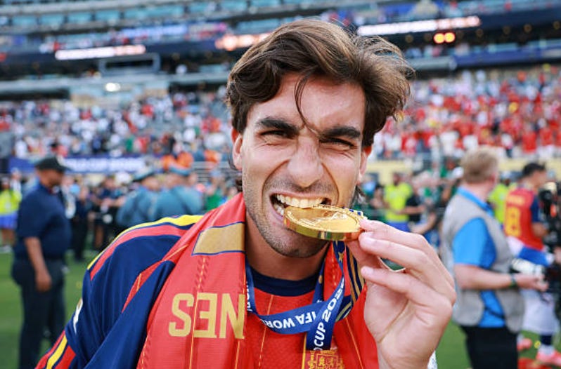 EAST RUTHERFORD, NEW JERSEY - JULY 19: Ferran Torres #7 of Spain celebrates with his medal after the team’s victory following during the FIFA World Cup 2026 Final match between Spain and Argentina at New York New Jersey Stadium on July 19, 2026 in East Rutherford, New Jersey. (Photo by Michael Regan - FIFA/FIFA via Getty Images) EAST RUTHERFORD, NEW JERSEY - JULY 19: Ferran Torres #7 of Spain celebrates with his medal after the team’s victory following during the FIFA World Cup 2026 Final match between Spain and Argentina at New York New Jersey Stadium on July 19, 2026 in East Rutherford, New Jersey. (Photo by Michael Regan - FIFA/FIFA via Getty Images)