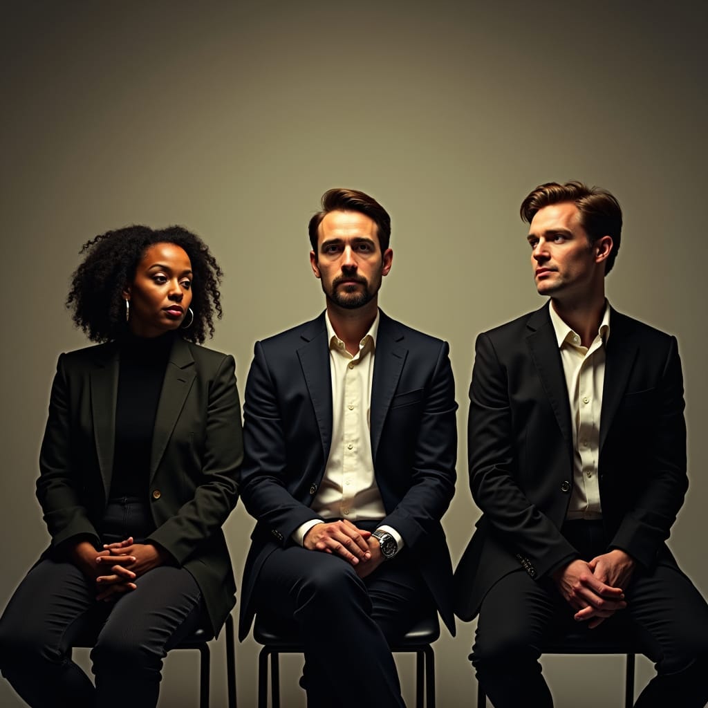 Three project managers, one from Jamaica, one from the UK, and one from the US, sit poised and confident, waiting to be interviewed, their diverse backgrounds and experiences evident in their attire and expressions, set against a neutral, professional backdrop, with subtle atmospheric lighting that casts a warm glow on their faces