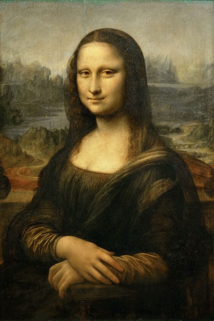 This may contain: a painting of a woman with her arms crossed and eyes wide open, in front of a landscape