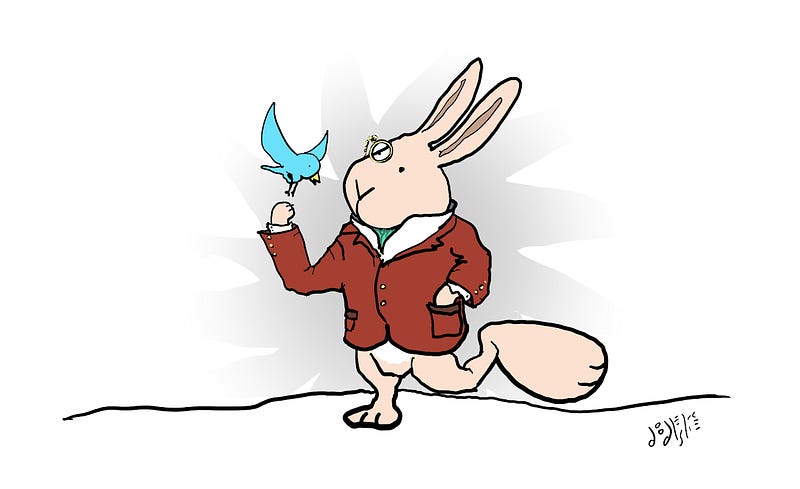 Cartoon of a posh bunny with a monocle, staring at a blue bird. He has one enormous foot and one normal sized one. Art by Doodleslice 2025