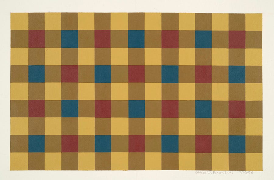 Otho Branson, 2006-07-16, 2006. Gingham-like pattern of squares; mustard yellow stripes intersect in red and blue squares. 
