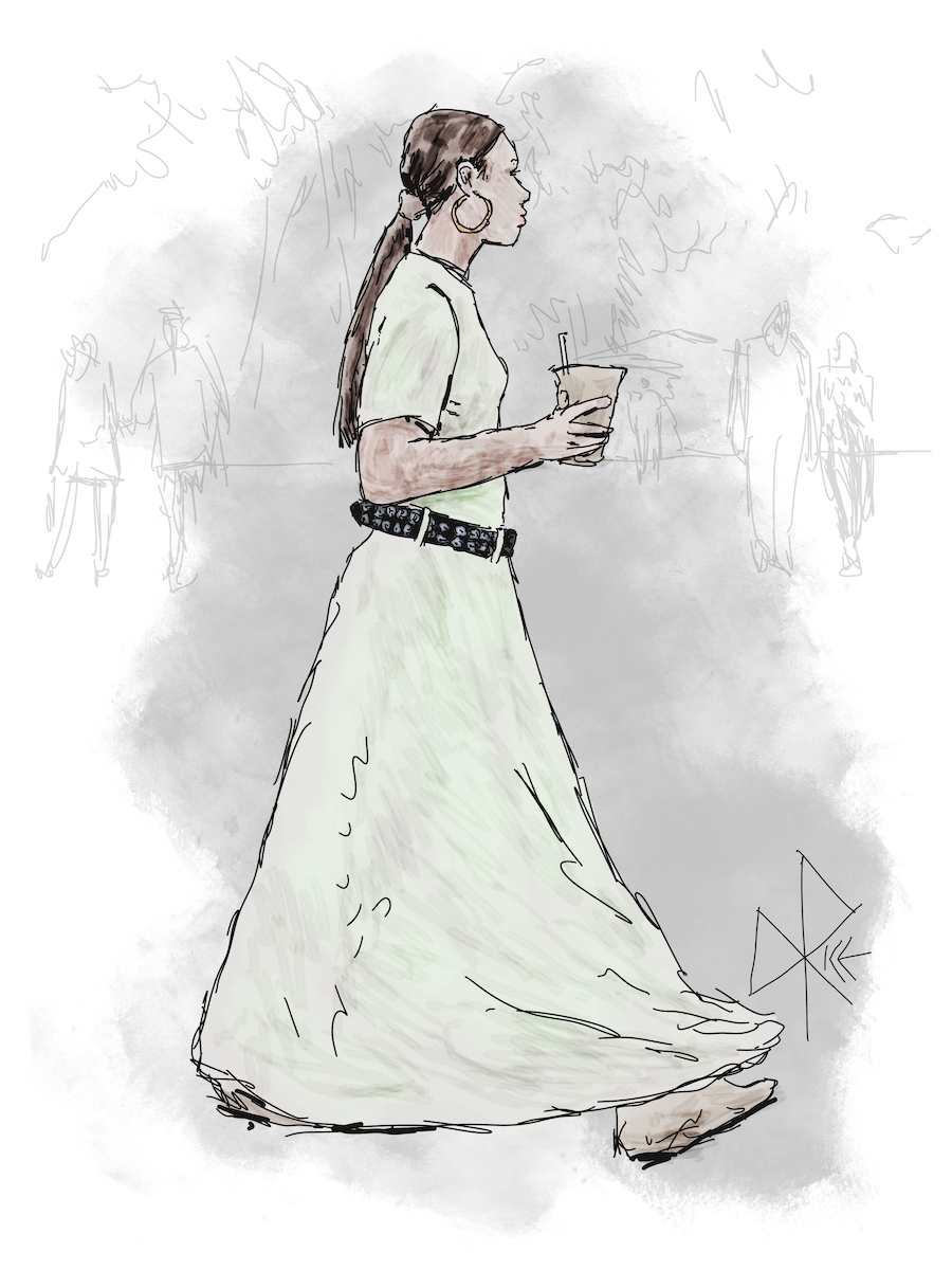The ankle-length dress of a young woman billows out she walks briskly through a public square, holding an iced drink in one hand. Sketch art by Don Rice. The ankle-length dress of a young woman billows out she walks briskly through a public square, holding an iced drink in one hand. Sketch art by Don Rice.