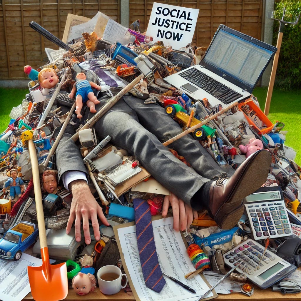 A photographic, whimsical scene of a man who has drowned under a massive pile of various items including children's toys, computers, angry people, garden tools, and financial spreadsheets. Only his hand is protruding meekly and limply from the pile, clearly holding a sign that says 'Social Justice Now'. The hand is barely visible, adding to the sense of being overwhelmed and defeated by the chaos of the surrounding items. The scene has a slightly humorous, absurd feel, but with an underlying message of being buried by societal demands.