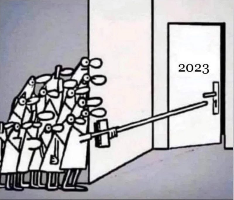 cartoon showing some people hiding round a corner as one tentatively pushes open a door marked “2023” with the other end of a broom
