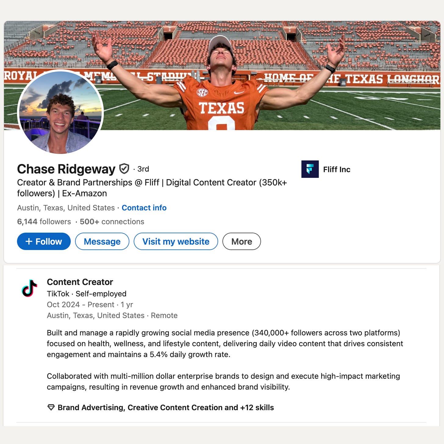 LinkedIn profile screenshot of Chase Ridgeway showing his background as a content creator and brand partnerships specialist, with a photo of him flexing in a Texas football uniform and describing his work with multi-million dollar enterprise brands.