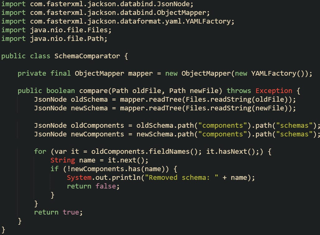 import com.fasterxml.jackson.databind.JsonNode; import com.fasterxml.jackson.databind.ObjectMapper; import com.fasterxml.jackson.dataformat.yaml.YAMLFactory; import java.nio.file.Files; import java.nio.file.Path;  public class SchemaComparator {      private final ObjectMapper mapper = new ObjectMapper(new YAMLFactory());      public boolean compare(Path oldFile, Path newFile) throws Exception {         JsonNode oldSchema = mapper.readTree(Files.readString(oldFile));         JsonNode newSchema = mapper.readTree(Files.readString(newFile));          JsonNode oldComponents = oldSchema.path("components").path("schemas");         JsonNode newComponents = newSchema.path("components").path("schemas");          for (var it = oldComponents.fieldNames(); it.hasNext();) {             String name = it.next();             if (!newComponents.has(name)) {                 System.out.println("Removed schema: " + name);                 return false;             }         }         return true;     } }