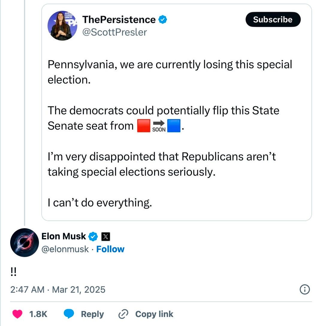 Pennsylvania, we are currently losing this special election.   The democrats could potentially flip this State Senate seat from 🟥🔜🟦.   I’m very disappointed that Republicans aren’t taking special elections seriously.   I can’t do everything.