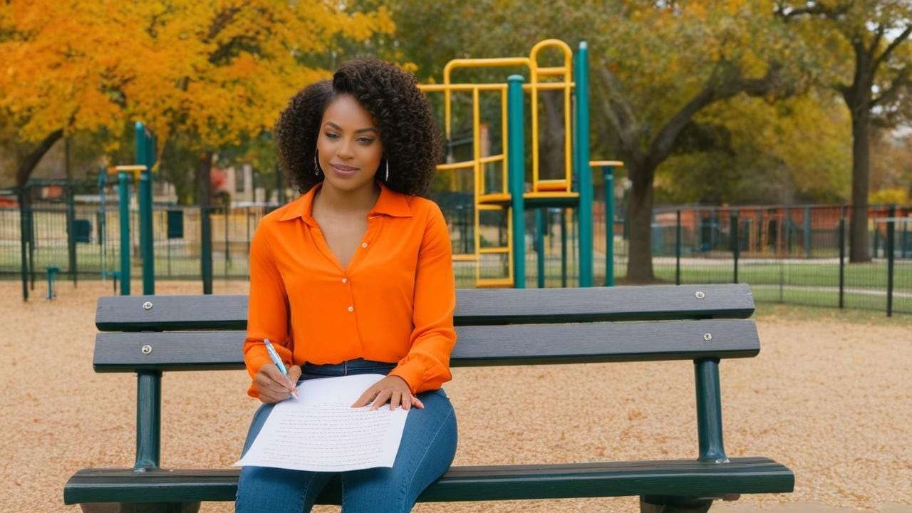African American woman sitting in the park on the bench in front of a playground in the fall writing a letter with pretty color orange blouse on