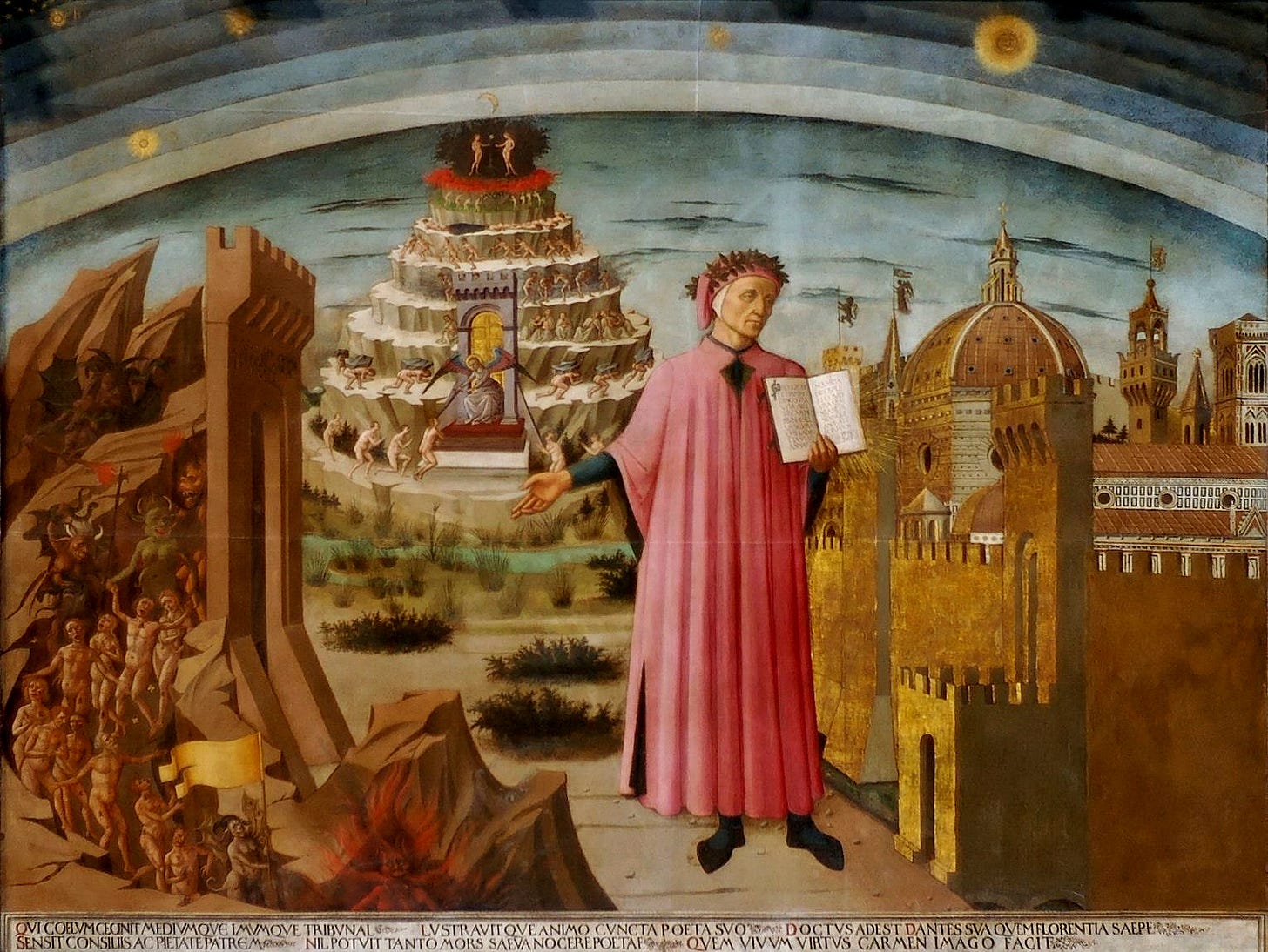 Dante in a red robe and laurel crown holds an open book. On his left a gate leads down to demons and naked sinners, behind him a mountain rises in terraces, and on his right stand the walls and dome of Florence. Dante in a red robe and laurel crown holds an open book. On his left a gate leads down to demons and naked sinners, behind him a mountain rises in terraces, and on his right stand the walls and dome of Florence.