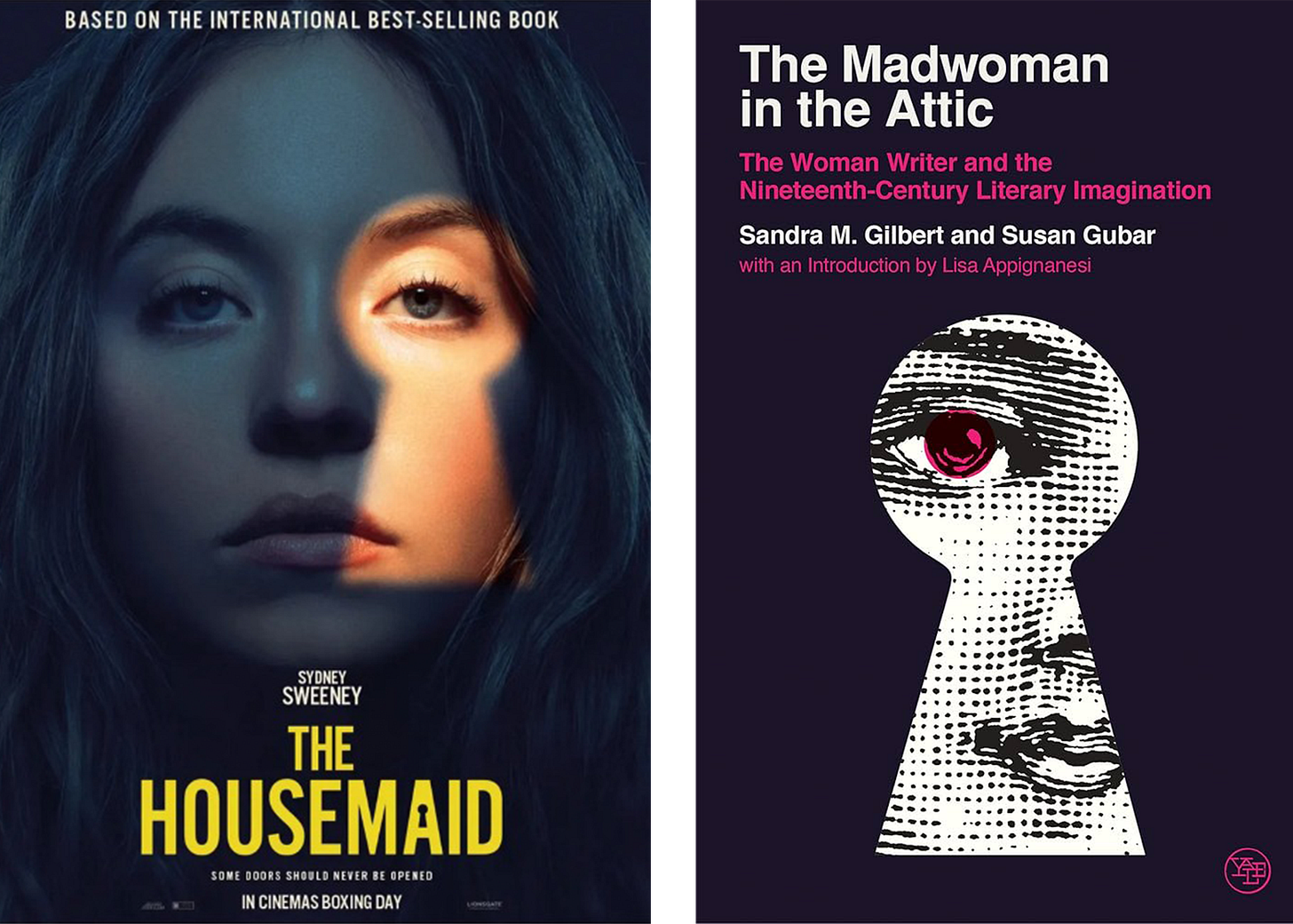 A side-by-side comparison of the poster for the film The Housemaid and the book cover of The Madwoman in the Attic, both of which feature a person peeking through a keyhole.