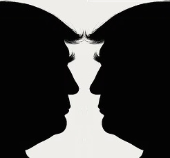 wo silhouettes of Trump's face facing each other, roughly in the style of Rubin's vase - where instead of seeing the two faces, you can see the gap between them as the silhouette of a vase. wo silhouettes of Trump's face facing each other, roughly in the style of Rubin's vase - where instead of seeing the two faces, you can see the gap between them as the silhouette of a vase.