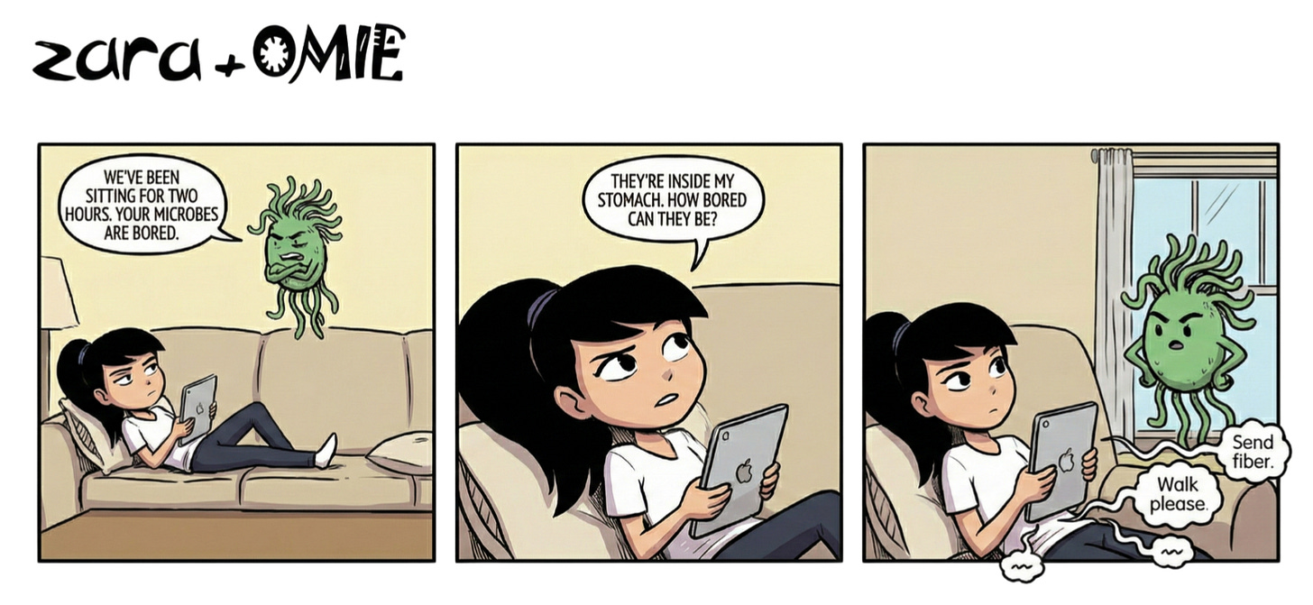 Zara lounges on the couch scrolling her tablet while Omie floats nearby complaining the microbes are bored. Zara shrugs. Omie reappears with a blunt suggestion: “Send fiber. Walk, please.”