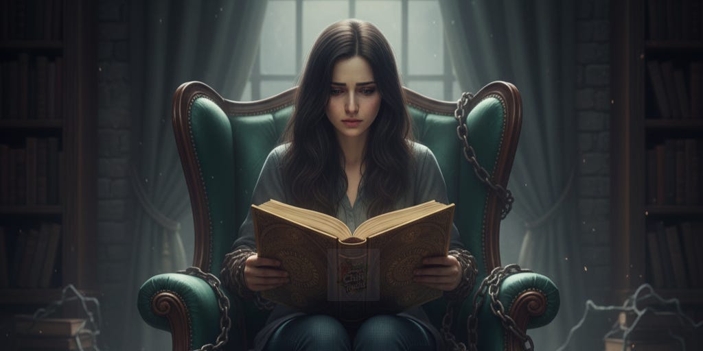 Illustration of a young woman sitting on a chair reading a the big book of contradictory and shifting code she is supposed to follow. She has a tired expression on her face. Thick iron chains are wrapped around her wrists and ankles.