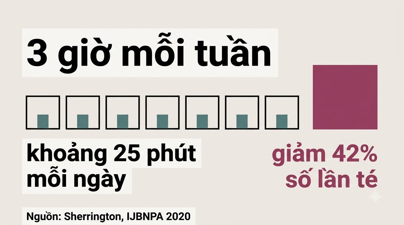 Minh hoạ bảy ô vuông xếp thành một hàng, mỗi ô chứa một khối nhỏ tượng trưng cho một buổi tập ngắn trong ngày, bên cạnh là một khối lớn để so sánh. Chữ trong ảnh ghi ba giờ mỗi tuần, khoảng hai mươi lăm phút mỗi ngày, giảm bốn mươi hai phần trăm số lần té. Nguồn Sherrington và cộng sự, International Journal of Behavioral Nutrition and Physical Activity năm 2020. Minh hoạ bảy ô vuông xếp thành một hàng, mỗi ô chứa một khối nhỏ tượng trưng cho một buổi tập ngắn trong ngày, bên cạnh là một khối lớn để so sánh. Chữ trong ảnh ghi ba giờ mỗi tuần, khoảng hai mươi lăm phút mỗi ngày, giảm bốn mươi hai phần trăm số lần té. Nguồn Sherrington và cộng sự, International Journal of Behavioral Nutrition and Physical Activity năm 2020.