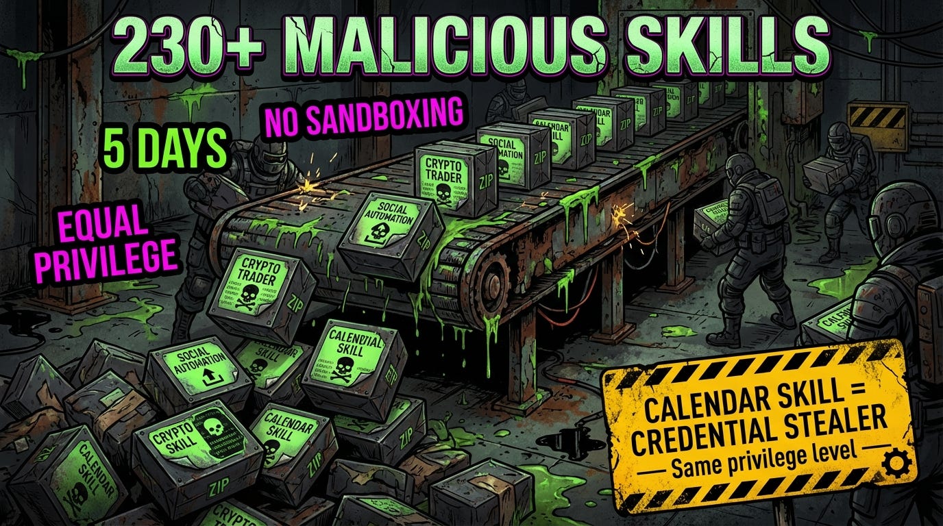 230 malicious OpenClaw skills uploaded to ClawHub between January 27 and February 1 2026 targeting crypto wallets and SSH credentials