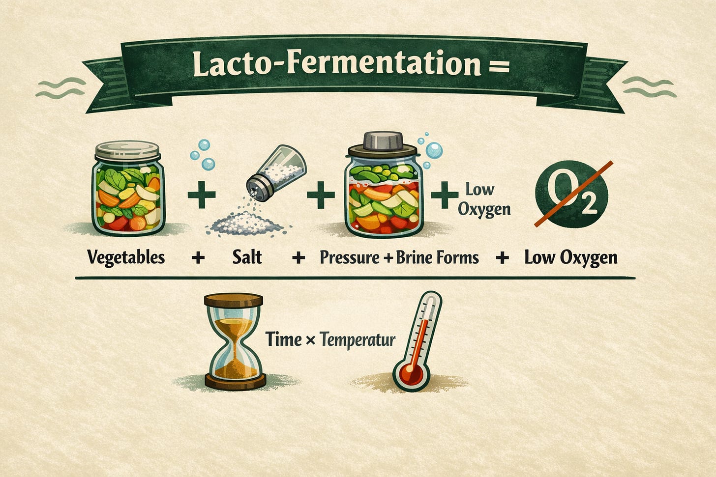 Illustrated chart explaining lactic acid fermentation: vegetables, salt, pressure, little oxygen, plus time and temperature.