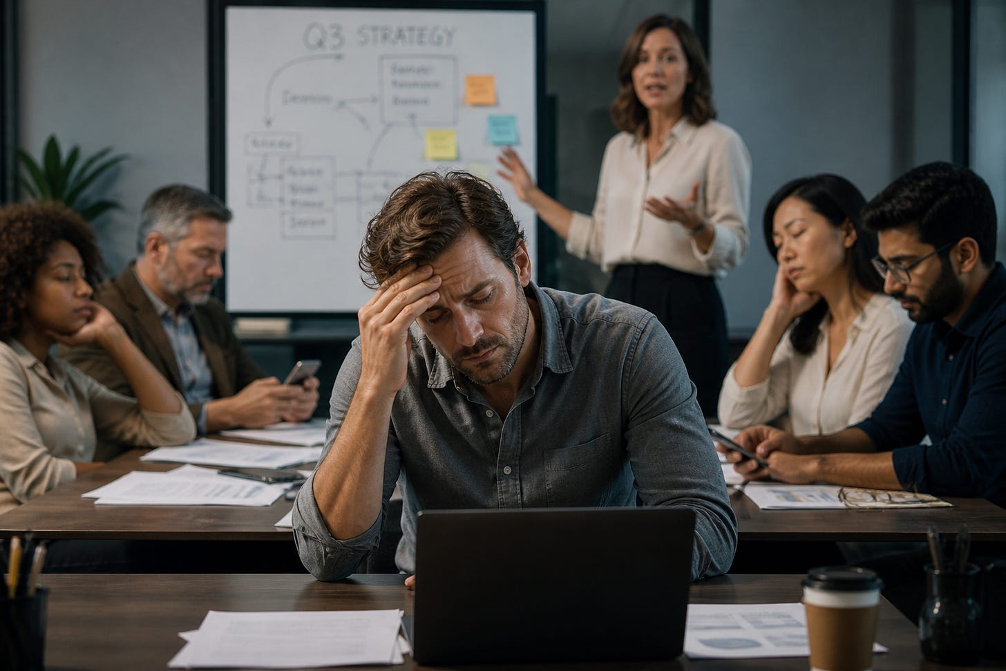 A frustrated professional speaker stands at the front of a meeting room, gesturing passionately while the audience ignores him, distracted by phones, laptops, and side conversations, symbolizing the emotional exhaustion of not being heard.