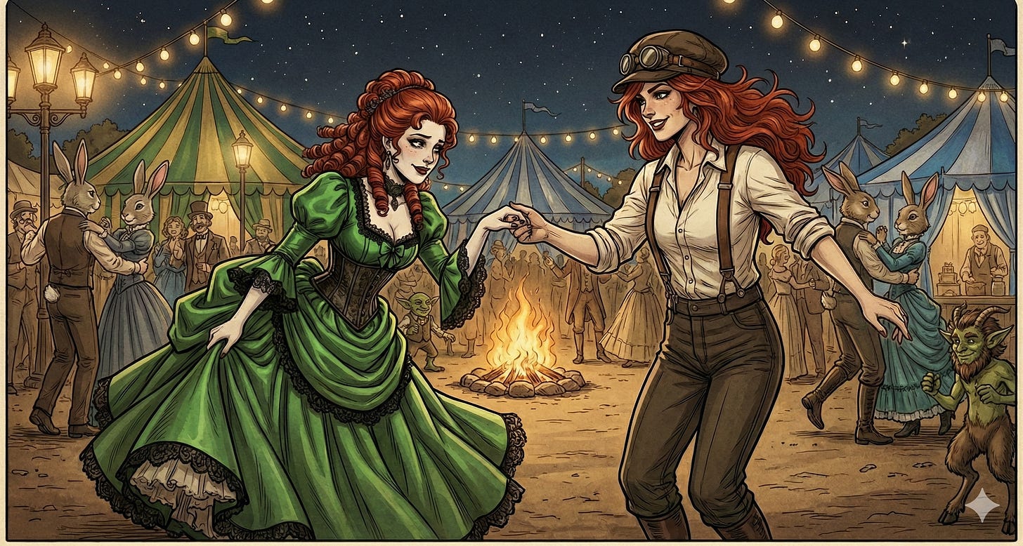 Noel in her space horror, Tideborn queen Abyssa and Doc dancing with a Roselite the vampire in her poisoned dress. Noel in her space horror, Tideborn queen Abyssa and Doc dancing with a Roselite the vampire in her poisoned dress.