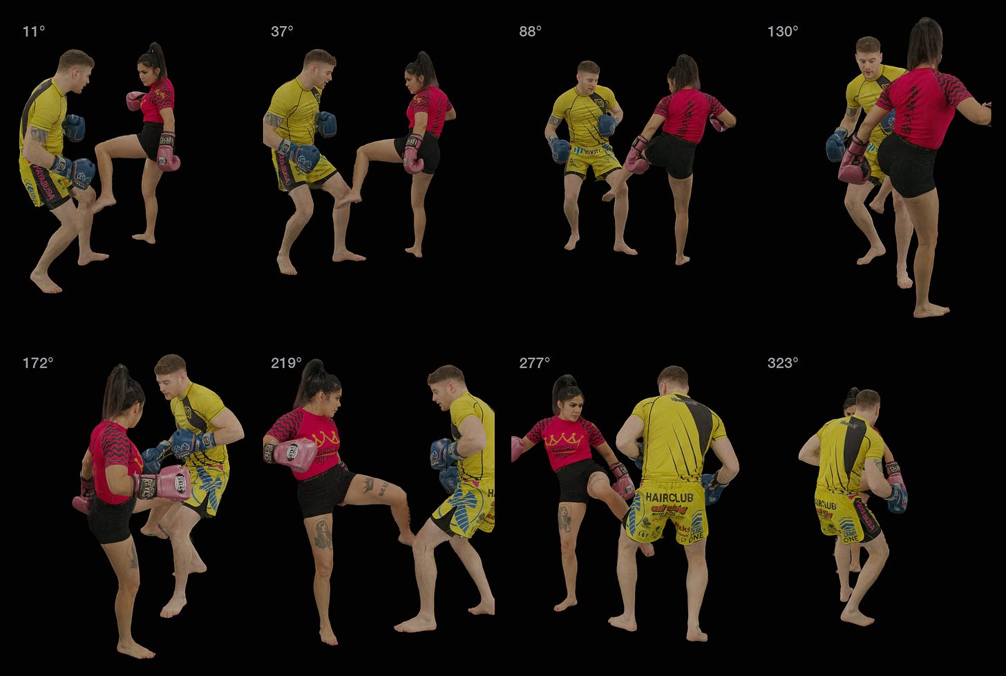 Eight renders of one performance instant from known virtual viewpoints. Eight renders of one performance instant from known virtual viewpoints.