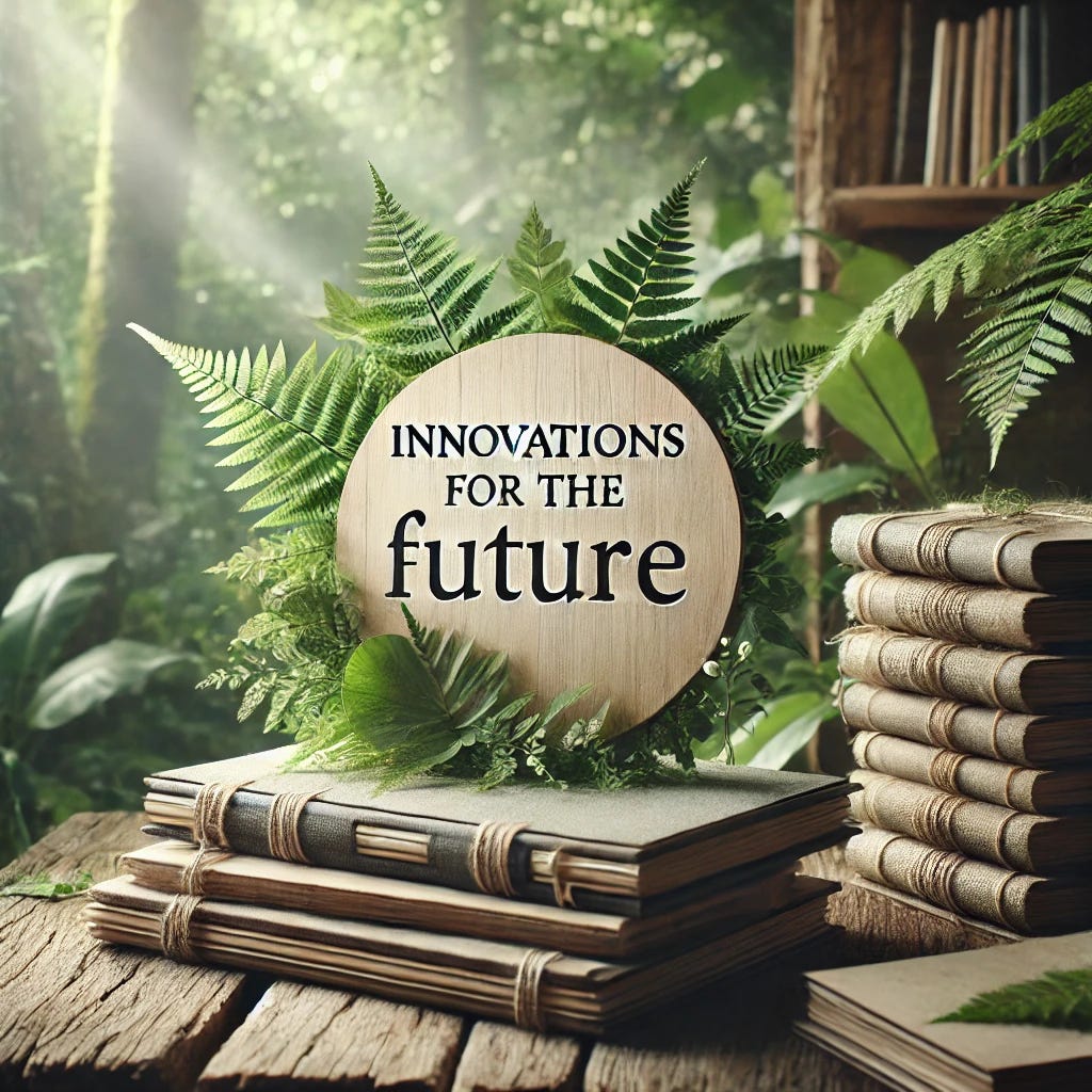 A serene and natural composition featuring the text 'Innovations for the Future' subtly integrated into the environment. The text is placed in a tranquil setting surrounded by lush greenery, with stacks of books made of natural materials like wood or cloth, resting on a rustic wooden table. Soft natural light filters through the leaves, creating a peaceful and organic ambiance. The focus is on harmony with nature, with a minimalistic and authentic feel.