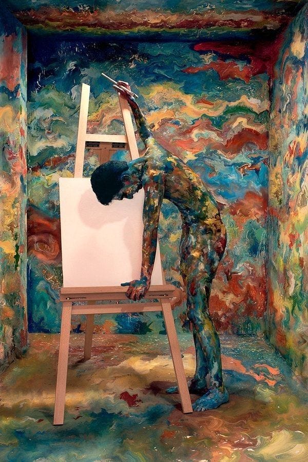 This may contain: a man is painting on an easel in front of a colorful wall with clouds