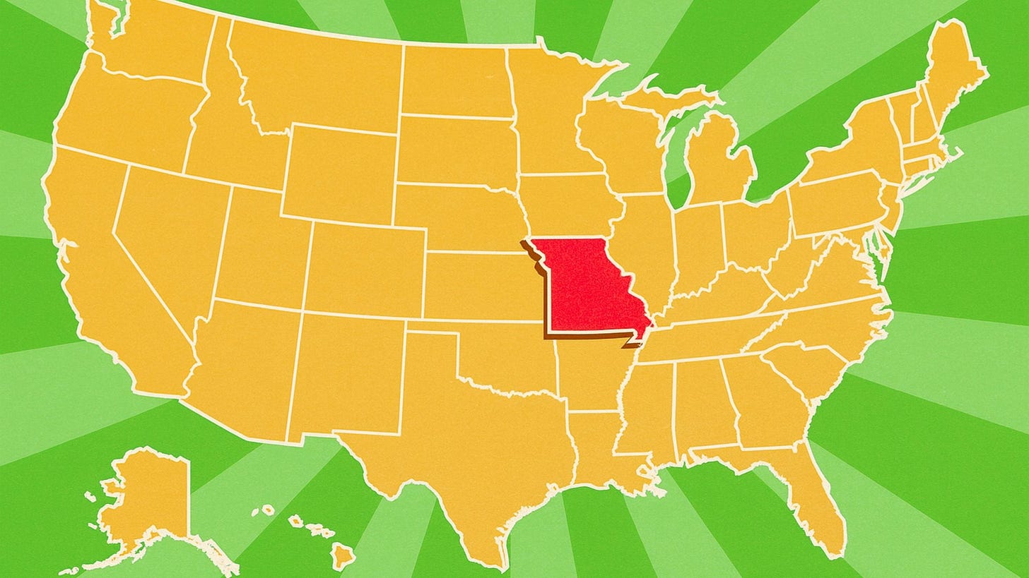 Stylized map of the United States with all states in orange and Missouri highlighted in red against a green sunburst background, with Alaska and Hawaii inset at the lower left.