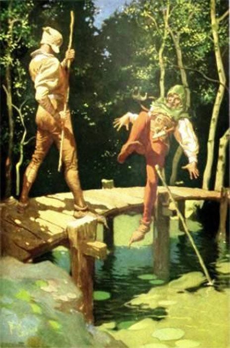 Little John and Robin Hood. Illustration by Frank Godwin (1889-1959) - Illustrated novel Robin Hood by Henry Gilbert. (Public Domain) Little John and Robin Hood. Illustration by Frank Godwin (1889-1959) - Illustrated novel Robin Hood by Henry Gilbert. (Public Domain)