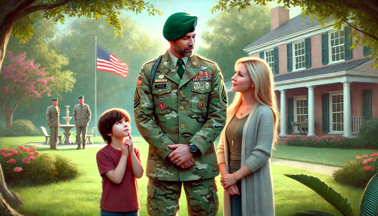 A heartfelt scene of a father who is a Green Beret standing proudly in his military uniform, surrounded by his family in a peaceful outdoor setting. His children, a young boy and girl, look up at him with admiration and awe, while his spouse stands beside him with a proud smile. The backdrop is a serene park with lush greenery and an American flag subtly visible in the distance. The father's uniform is detailed with badges and a green beret, symbolizing his honor and service. The family is dressed casually, highlighting their warmth and closeness.