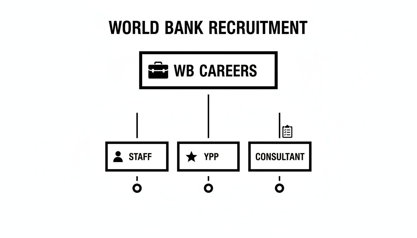 Diagram outlining World Bank recruitment paths: Staff, Young Professionals Program (YPP), and Consultant roles. Diagram outlining World Bank recruitment paths: Staff, Young Professionals Program (YPP), and Consultant roles.