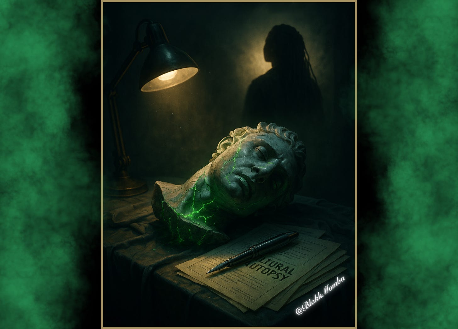 A cinematic digital painting of an autopsy table lit by green light, symbolizing empire. A marble statue lies under the glow while a woman’s shadow, dreadlocks cascading, wields a pen shaped like a scalpel above it. Scattered across the table are official papers labeled Cultural Autopsy, representing truth and indictment.