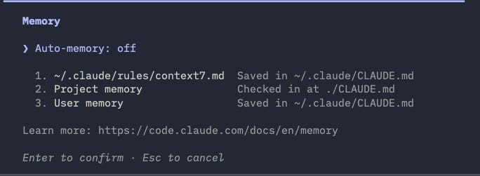 Auto-memory switched off in Claude Code's memory panel.